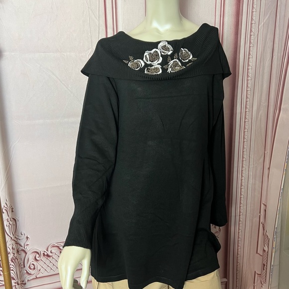 Hayden Park Black Embroidered Beaded Long Sleeve Knit Sweater Top - Picture 4 of 15